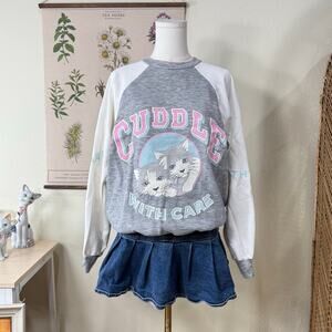Vintage 80s 90s Cuddle Gray Cat Pullover Sweatshirt Cutecore Kawaii Retro S M